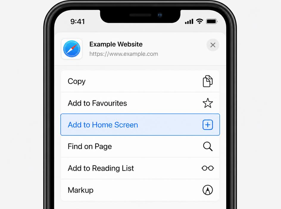 Safari Share sheet with Add to Home Screen highlighted