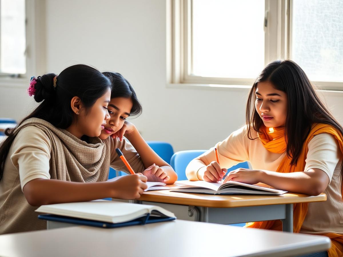 Students studying together in a bright classroom
