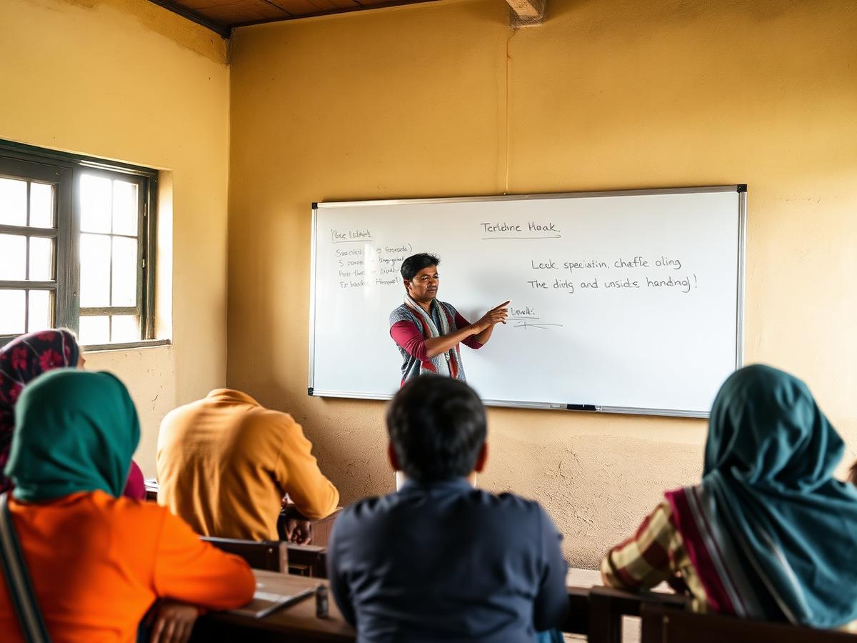 A teacher explaining a lesson on the whiteboard